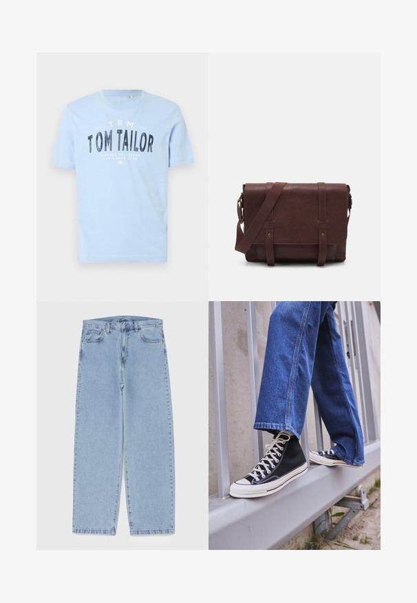 T-shirt de algodão azul claro com decote redondo e mangas curtas. Tem texto impresso em preto em destaque: "TOM TAILOR" e detalhes adicionais da marca.; Jeans de denim azul claro com design de perna reta, apresentando uma cintura de altura média, cinco bolsos e um fecho de botão e zíper.; Ténis altos pretos com sola e atacadores brancos, combinados com jeans azul desgastado, repousando sobre um corrimão cinza.; Mala mensageiro de couro castanho com uma aba frontal plana, duas correias, detalhes em metal dourado e uma alça de ombro ajustável.