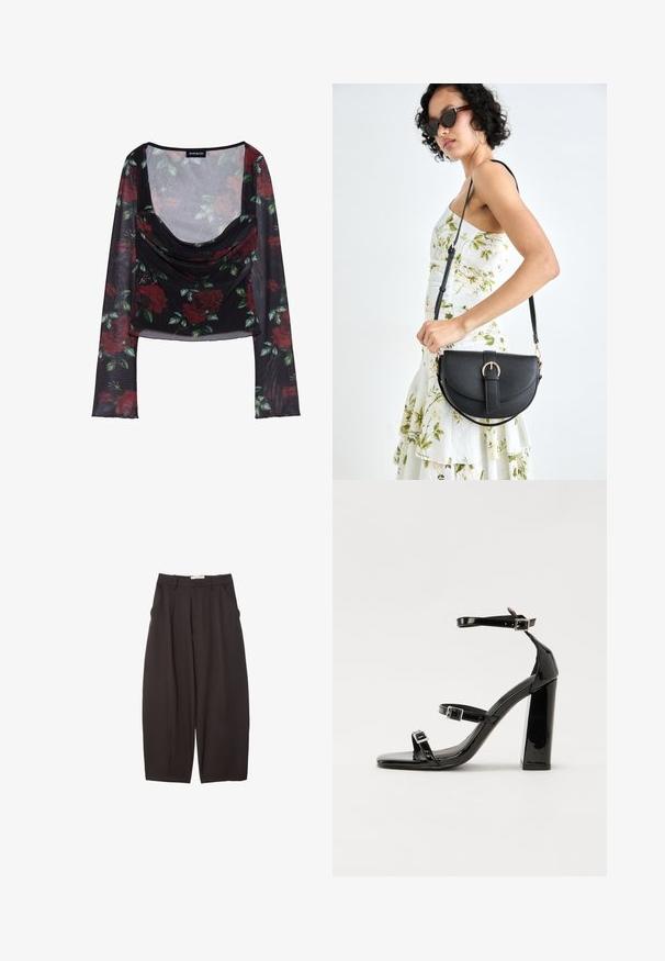 Top lungo a maniche nere in rete con scollo profondo, caratterizzato da un motivo floreale di rose rosse e foglie verdi, e un dettaglio drappeggiato sul davanti.; Pantaloni neri a gamba larga realizzati in un tessuto morbido, con vita alta, pieghe frontali e tasche laterali. Design semplice senza decorazioni.; Sandali con tacco alto in vernice nera con due cinturini con fibbia, punta quadrata e tacco spesso a blocco, caratterizzati da una texture liscia e lucida.; Borsa a tracolla nera in pelle con una forma curva, manico rimovibile e accessori dorati. La borsa presenta una patta con un dettaglio a fibbia.