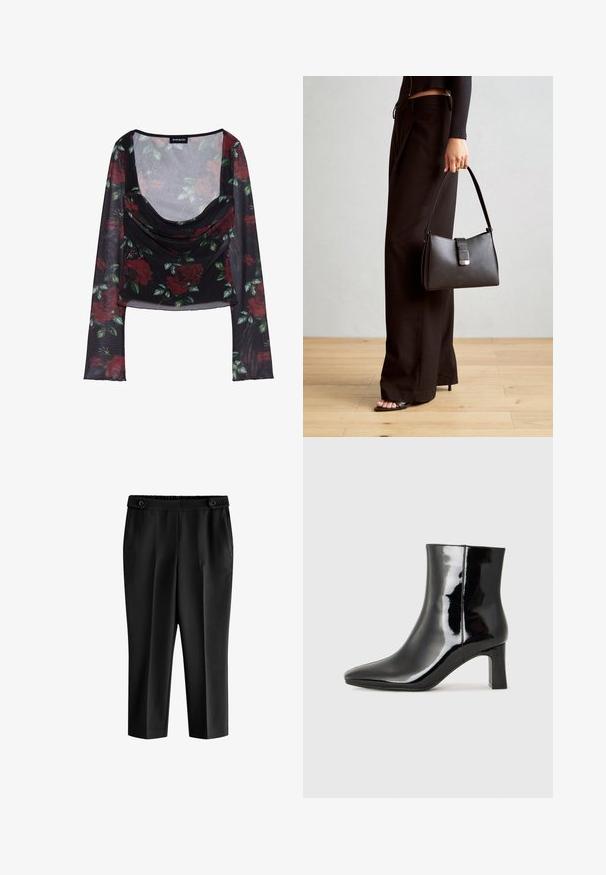 Musta verkkomainen pitkähiha toppi, jossa on syvä kaula-aukko ja kukkakuosi punaisista ruusuista ja vihreistä lehdistä sekä laskostettu etuosa.; Mustat lyhyet housut rentoa istuvuutta, elastisella vyötärönauhalla ja kahdella etutaskulla. Kangas on sileä ja hieman kiiltävä pinta.; Musta patenttilakattu nilkkuri, jossa on terävä kärki ja keskipitkä lohkarekorko. Silkkinen pinta ja minimalistinen muotoilu.; Musta käsilaukku, jossa on rakenteellinen muoto, sileä pinta ja metallinen solki. Yhdistetty leveisiin mustiin housuihin ja avonaiheisiin sandaaleihin puulattialla.