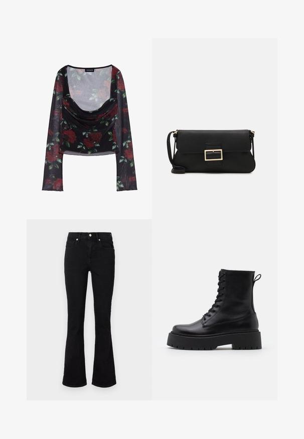 Schwarzes Mesh-Oberteil mit langen Ärmeln und tiefem Rundhalsausschnitt, mit floralem Muster aus roten Rosen und grünen Blättern sowie einem drapierten Vorderteil.; Schwarze Schlagjeans aus Denim, mit einem mittelhohen Bund, Fronttaschen und Knopfverschluss. Glatte Textur mit minimalen Nähten.; Schwarze Lederstiefeletten mit runder Zehenpartie, Schnürung vorne und einer dicken Gummisohle mit strukturiertem Profil. Mit Zugschlaufe an der Rückseite.; Schwarze Leder-Clutch mit Klappe und goldfarbenem Metallschnallen-Detail. Enthält einen schwarzen Riemen und ein schlankes, minimalistisches Design.; Ohrringe aus goldfarbenem Metall mit einem schlanken, geschwungenen Design. Sie verfügen über eine markante, spitze Form, eine polierte Oberfläche und einen Scharnierverschluss.
