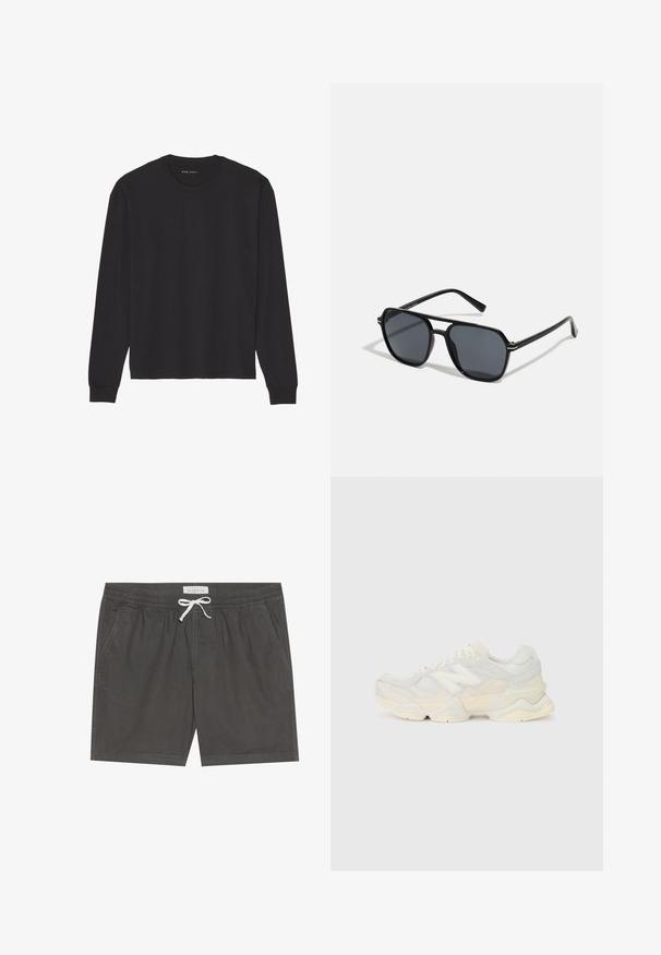 T-shirt preta de manga comprida feita de algodão macio. Apresenta gola redonda clássica, punhos canelados e um corte confortável. Design simples, sem padrões.; Calções de banho cinzentos feitos de tecido suave, com um cós elástico e um cordão branco, costuras detalhadas e bolsos laterais.; Sapatilha leve com um upper em malha e camurça em tons suaves de creme, com uma sola robusta e acentos tridimensionais.; Óculos de sol pretos com armação octogonal, lentes escuras, acabamento brilhante, hastes finas e detalhes em dourado na parte frontal.
