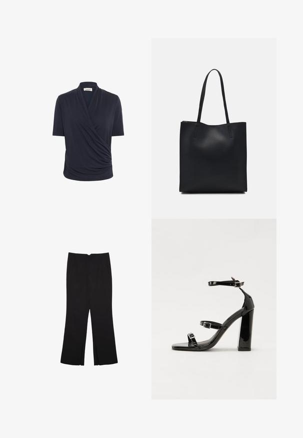 Námornícka krátko rukávová blúzka s prekríženým predným dizajnom a jemným drapériovým detailom, vyrobená z hladkej, ľahkej tkaniny.; Čierne nohavice so strihom rovného strihu, s prednými vreckami a bočnými rozparkami na leme. Vyrobené z mäkkej, hladkej tkaniny. Vhodné na rôzne príležitosti.; Čierne lakované sandále na podpätku so štvorcovou špičkou, navlečenými remienkami okolo členku a striebornými prackami. Disponujú masívnym blokovým podpätkom pre stabilitu.; Čierna kožená taška na rameno s hladkým povrchom, obdĺžnikovým tvarom a dvoma dlhými uchami. Bez viditeľného kovania alebo ozdôb.