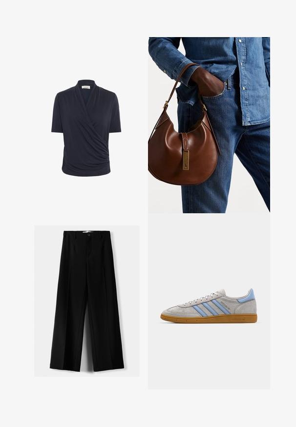 Tengerészkék, rövid ujjú felső, átkötős elülső kialakítással és finom redőzéssel, sima, könnyű anyagból készült.; Fekete, bő szárú nadrág, könnyű anyagból, elöl gombos záródással és sima elfröccsenésű fazonnal, szépen varrott szegélyekkel.; Szürke velúr sportcipő világoskék csíkokkal, gumis talppal és logó részletekkel. Alacsony szárú kialakítás kerek orral és fűzős záródással.; Barna bőr hobo táska kerek formával, arany színű kiegészítővel és kontrasztos varrással. Farmeringgel és farmernadrággal párosítva.