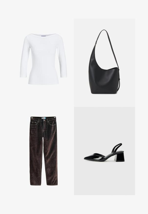 Valge ribadega pikka varrukatoppe koos paadi kaelusega. Kanga pind on sile, keha lähedane ja kätel ning allääres on puhas viimistlus.; Pruunid korduroy sirged püksid viie taskuga, kontrastsete õmblustega ja nööbiga kinnitusega vööl. Pehme tekstuur ribadetaolisest mustrist.; Mustad musta lakknahk kingad, millel on terav varvas ja geomeetriline plokkkonts. Omab elegantselt minimalistlikku disaini ja sujuvat tekstuuri.; Mustast nahast hobo kott, millel on sile tekstuur, kumer kuju ja üks reguleeritav rihm; peal on lai avaus.