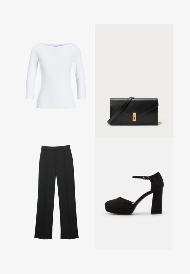 Bela rebrasta dolga majica z dolgimi rokavi in čolnasto ovratnikom. Tkanina je gladka, prilegajoča se in ima čist zaključek na manšetah in robu.; Črne široke hlače visokega pasu z zankami za pas in sprednjim šivom, prikazane na beli podlagi.; Črne semiš platform škornje z debelim blokastim peto, zaobljenim nosom in gležnjico, ki jo drži kovinska zaponka. Gladka tekstura po celotni površini.; Črna usnjena denarnica s prepognjenim pokrovom, zlato okovje, ki vključuje poudarek z logotipom. Vključuje odstranjljivo naramnico za nošenje.