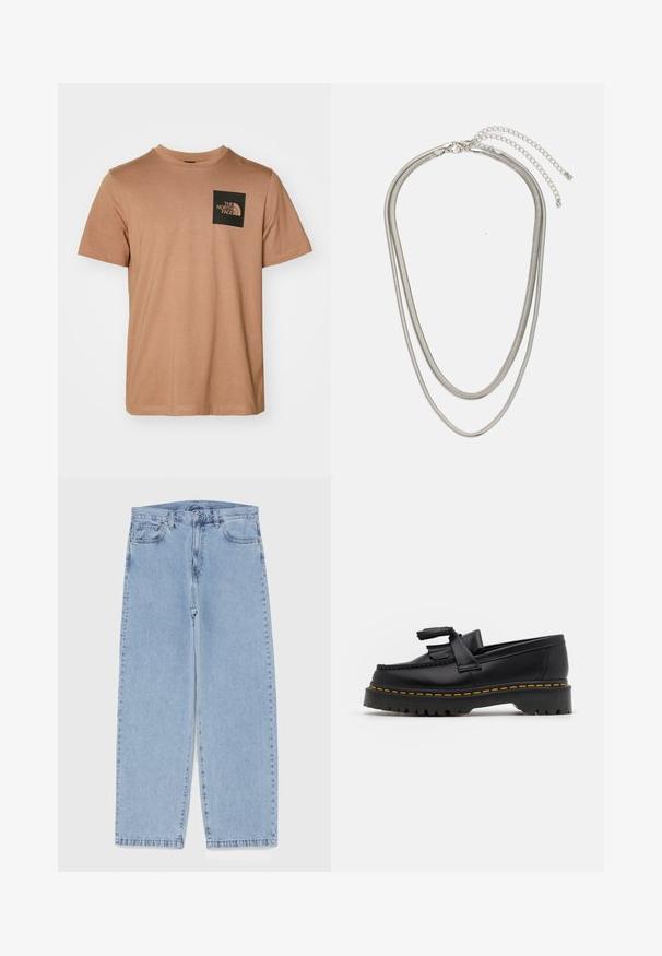 T-shirt de algodão castanho com mangas curtas e decote arredondado. Possui um bolso quadrado preto com o logótipo da marca em branco e uma imagem curva.; Jeans de denim azul claro com design de perna reta, apresentando uma cintura de altura média, cinco bolsos e um fecho de botão e zíper.; Mocassim de couro preto com um detalhe de franjas, apresentando uma sola preta robusta e costura amarela ao longo da borda. Acabamento texturizado.; Colar de metal prateado em três camadas, com correntes flexíveis e elegantes que possuem um leve brilho, fechado com um fecho de lagosta e corrente ajustável.