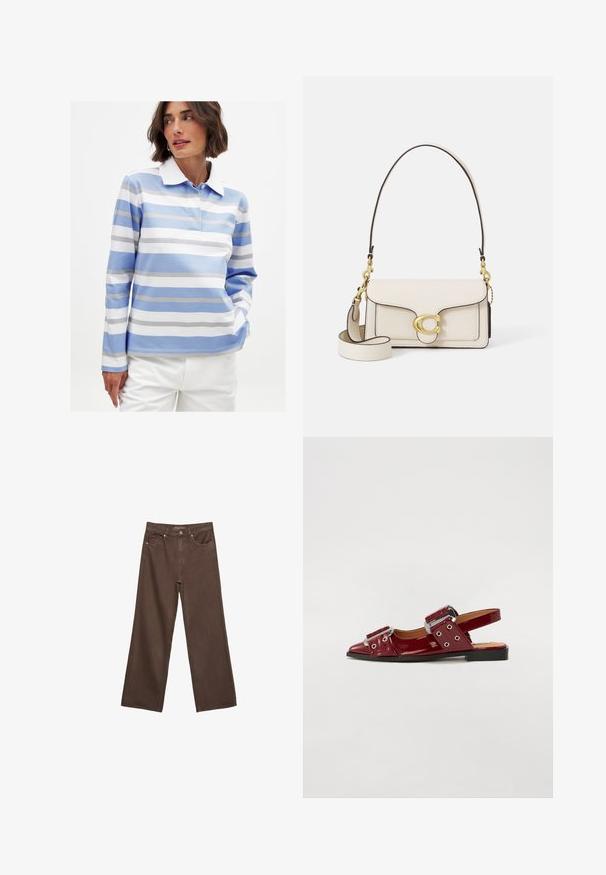 Dlhý rukáv polo tričko v svetlo modrej farbe so bielymi horizontálnymi pruhmi. Obsahuje biely golier a mäkkú bavlnenú tkaninu. Voľný strih.; Džínsy s širokými nohavicami v hnedej farbe, vyrobené z denimu, so zvýšeným pásom, prednými vreckami a klasickým zapínaním na gombík. Hladká textúra s jemným prešívaním.; Burgundské lakované sandále s špičatou špičkou, ktoré majú dva nastaviteľné pracky a akcenty zo strieborného kovu.; Krémová kožená kabelka so štruktúrovaným dizajnom, kontrastnými čiernymi okrajmi, zlatým kovaním a odnímateľným popruhom s podpisovým logom.; Zlaté hodinky na mrežovom remienku s čiernym okrúhlym ciferníkom, minimalistickými indexmi a striebornou korunou; obsahujú logo na pozícii 12 hodín.