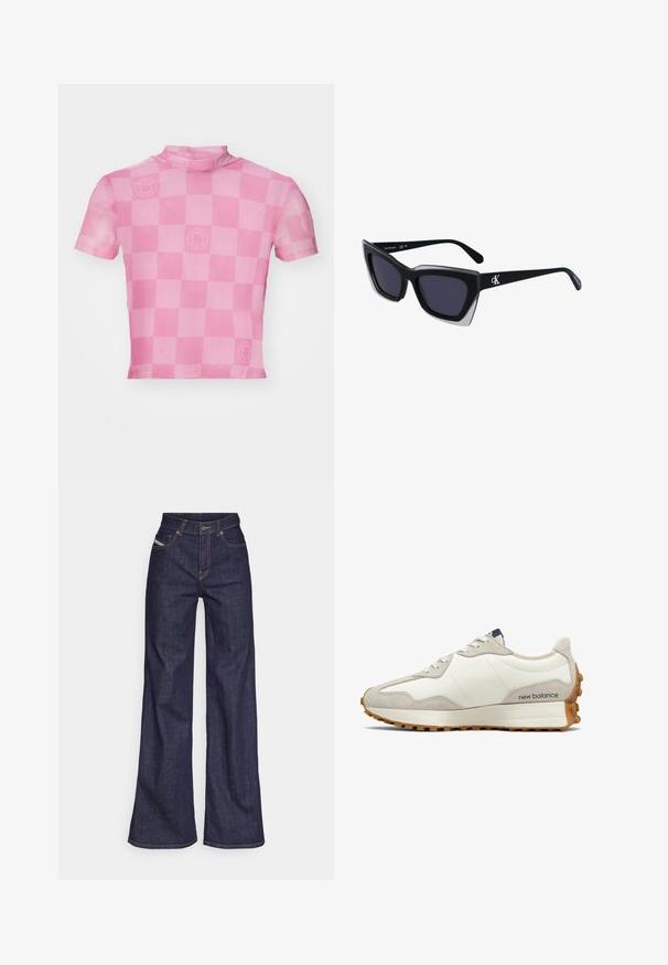 Kortermet, rosa cropped topp med rutete mønster og subtilt smilefjes-logo, laget av et gjennomsiktig, lett stoff.; Mørkeblå vide jeans i denim med høy midje, med oransje sømmer, fem-lomme-design og knappelukking.; Hvit og beige sneaker med glatt skinnoverdel og semsket skinn detaljer. Har runde lisser, en polstret såle og en teksturert gummiyttersåle.; Store svarte solbriller i overdimensjonert størrelse med geometrisk form, med mørke linser og en kontrasterende grå detalj på rammen. Logo på armen.; Sølvmetalløreringer med en jevn, dråpeform og en polert finish. Subtile graveringer legger til detaljer. Minimalistisk design.