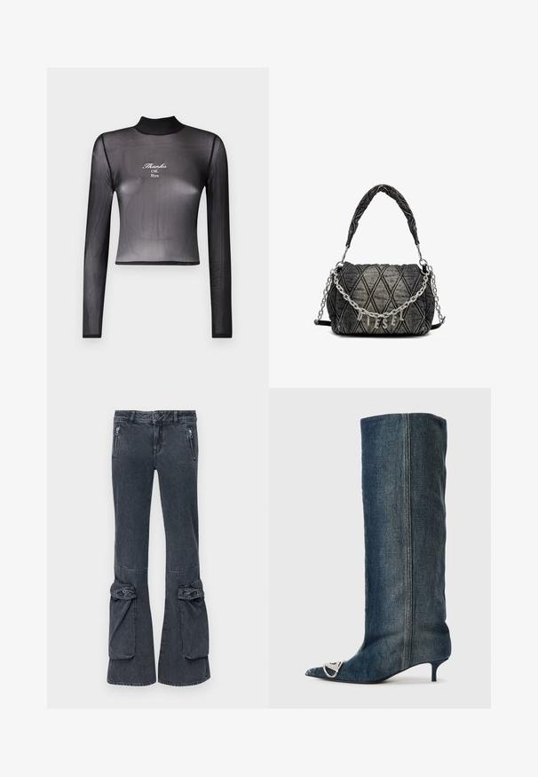 Schwarzes, langärmeliges, kurzes Oberteil aus transparenter Material mit hohem Kragen und gesticktem Text "Thanks OK Bye" auf der Vorderseite.; Dunkelblaue Jeans mit ausgestelltem Bein, Seitenreißverschlüssen und umgeschlagenen Akzenten am Saum. Glatte Textur und klassisches Fünf-Taschen-Design.; Jeans-Kniehoher Stiefel mit spitzer Zehenpartie, silberner Hardware-Akzent, schlankem Kitten-Heel und glatter, strukturierter Oberfläche.; Gepolsterte Denim-Handtasche in Dunkelgrau mit einer Kettenriemen und einem metallischen "DIESEL"-Logo. Kompakte, rechteckige Form, strukturierte Oberfläche.