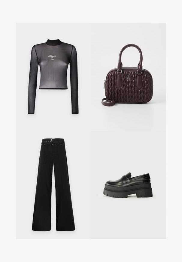 Čierny dlhý rukáv skrátený top z priesvitného materiálu s vysokým golierom a vyšitým textom "Ďakujem, OK, Zbohom" na prednej strane.; Čierne nohavice so širokými nohavicami vyrobené z bavlny, s vysokým pásom, veľkými bočnými vreckami a opaskom s prackou so striebornými detailmi.; Čierne kožené loafers s masívnou platformou. Zaoblená špička, predný šev a jemné švy. Plošná, štruktúrovaná podrážka.; Burgundská kožená kabelka s prešívaným vzorom, dvojitými hornými uchami a odnímateľným popruhom. Má strieborné kovanie a embosované logo.
