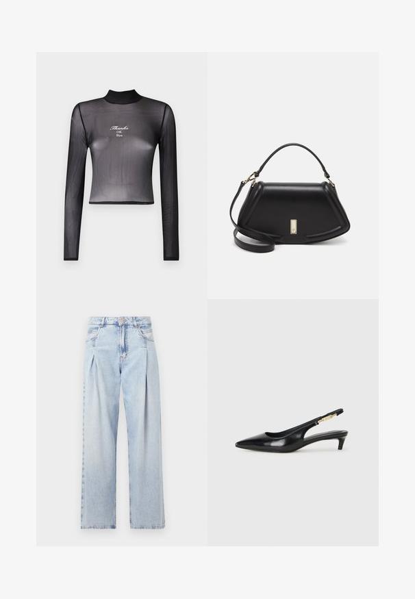 Svart langermet cropped topp i gjennomsiktig materiale med høy krage og brodert tekst "Thanks OK Bye" på forsiden.; Lyseblå denimjeans med høy livlinje, vide ben, to sidelommer og plisserte detaljer. Myk tekstur med en falmet finish.; Sorte lærreim hæler med spiss tå, som har en slank hæl og en gullfarget detalj på den justerbare stroppen. Glatt tekstur.; Sort lærveske med en strukturert design, som har en avkortet form, topphåndtak og detaljer i gull. Justerbar skulderstropp inkludert.