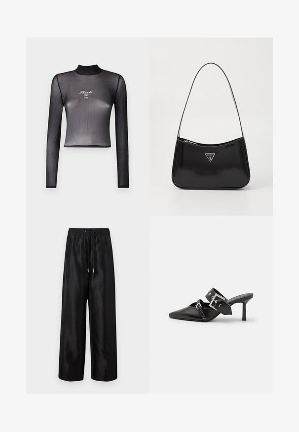 Juodas ilgomis rankovėmis trumpas viršus iš permatomos medžiagos, su aukštu kaklu ir siuvinėtu tekstu "Thanks OK Bye" priekyje.; Juodi plataus kirpimo kelnių pagaminti iš blizgaus audinio su elastinga juosmens juosta ir raišteliu, dekoruoti sidabrinės spalvos detalėmis.; Juodos aukštakulnės mule bateliai su smailiu pirštu, pagaminti iš lygaus odos. Turi platų kulkšnies dirželį su kvadratiniu sidabro sagtimi ir skulptūromis.; Juodas lakinės odos peties krepšys, turintis kreivą formą, su sidabriniu trikampio logotipu ir užtrauktuko uždarymu. Lygus paviršius ir siauras diržas.