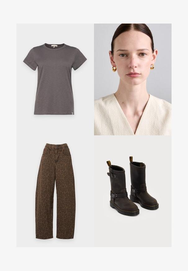 rag & bone THE SLUB - Camiseta básica - wshdslate; Pantalones vaqueros de pierna ancha con estampado de leopardo marrón, de cintura alta, cierre de botón y dos bolsillos frontales. Fabricados en tela de mezclilla con una textura suave.; Botas de cuero marrón oscuro con un diseño a media pantorrilla, costuras amarillas, correas de hebilla ajustables y lengüetas de tirón en la parte superior. Acabado texturizado.; Pendientes de aro de oro con un acabado suave, llevados por una persona de piel clara, que lleva una blusa de tela crema texturizada con un diseño de escote en V.