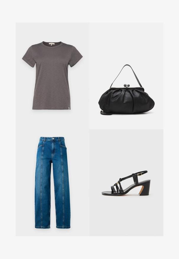 rag & bone THE SLUB - Paprasti marškinėliai - wshdslate; Aukštai diržui pritaikyti mėlyni džinsai su plačiais džinsais, priekinėmis vertikaliomis siūlėmis, šoninėmis kišenėmis, diržo kilpelėmis ir mygtuko užsegimu.; Paul Smith AMIRA - Klasikiniai aukštakulniai - black; Juodas odinis rankinė su apvalia, raukšlėtą dizainą. Priedai metalinė užsegimas su dviem dekoratyvinėmis kamuoliukais ir plona, nuimama pakaba.
