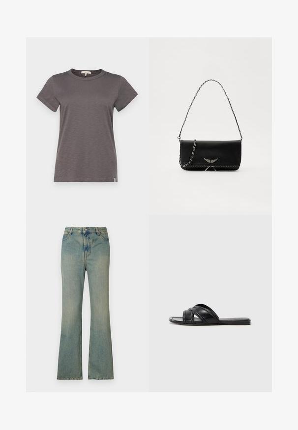 rag & bone THE SLUB - Jednoduché tričko - wshdslate; Světle modré džíny s rozšířenými nohavicemi a vysokým pasem, s pěti kapsami a zipem. Čistý, vybledlý vzhled s jemnými detaily v šití.; Černé klínové sandály s hladkým koženým povrchem, s překříženými popruhy a výřezovými detaily, a plochou, flexibilní podrážkou.; Černá kožená kabelka se stříbrným řetízkovým popruhem, zdobená dekorativními křídly a bílým prošíváním podél spodního švu.