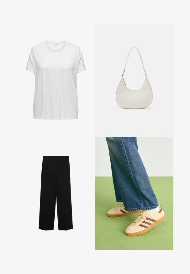 Bijela pamučna majica s okruglim izrezom i kratkim rukavima. U opuštenom kroju s glatkom teksturom i bez vidljivih uzoraka ili akcenta.; Crne hlače širokog kroja od glatkog materijala, s plisama sprijeda i bočnim džepovima, dizajnirane s ravnim, opuštenim krojem.; Bež tenisice s teksturiranim kremastim panelima i smeškim prugama, u kombinaciji s plavim trapericama. Traperice imaju široke nogavice i poderane rubove.; Krem torba za rame u obliku polumjeseca, sa tankim remenom i suptilnim detaljem šavova. Minimalistički dizajn s akcentima od zlatnog tona.