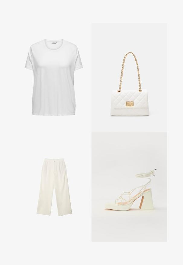 Bílý bavlněný tričko s kulatým výstřihem a krátkými rukávy. Volný střih, hladká textura a žádné viditelné vzory či akcenty.; Široké kalhoty z krémové látky s hladkým povrchem, s jediným předním knoflíkem, jemnými skladbami a vysokým pasem.; Bílé sandály na vysokém podpatku s robustním podpatkem, s designem s pásky a zavazováním kolem kotníku. Hladký povrch s platformou vpředu pro zvýšení výšky.; Bílá prošívaná kabelka se zlatým řetízkem a obdélníkovou sponou. Disponuje hladkým povrchem a geometrickým vzorem prošívání.
