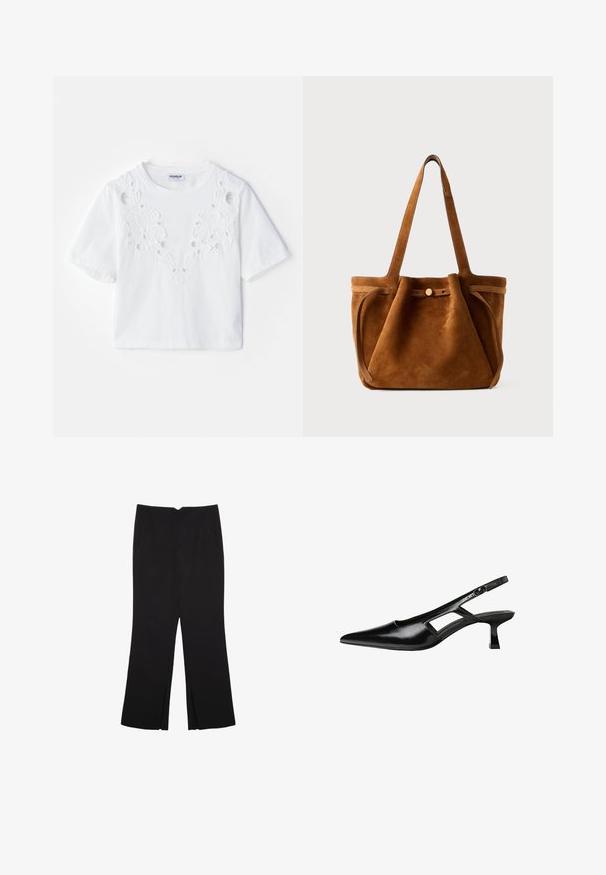 T-shirt bianco a maniche corte con disegno floreale ricamato e dettagli a taglio nella parte frontale. Realizzato in tessuto morbido, con scollatura rotonda.; Pantaloni neri a gamba dritta, con tasche frontali e spacchi laterali all'orlo. Realizzati in tessuto morbido e liscio. Adatti a diverse occasioni.; Tacchi slingback in pelle verniciata nera con punta affusolata, design con tagli laterali e tacco quadrato piccolo. Texture liscia con dettagli minimi.; Borsa a tracolla in suede marrone con doppio manico, chiusura a bottone e una forma rilassata, leggermente morbida.