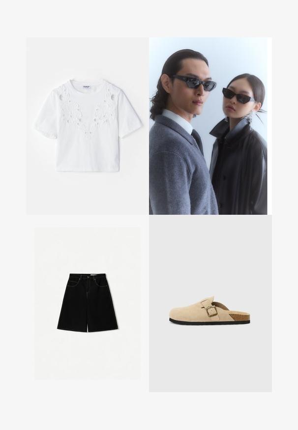 Valkoinen lyhythihainen T-paita, joka on varustettu brodeeratulla kukkakuviolla ja leikkauksilla edessä. Valmistettu pehmeästä kankaasta, pyöreä pääntie.; Mustat farkkushortsit, joissa on väljä malli, viisi taskua, keltaiset tikkauskoristeet ja keskipitkä vyötärödesign.; Beige mokkasiner i semsket skinn med korksåle, rund tå og en enkel stropp med gulltone spenne. Gummisåle for godt grep.; Aurinkolasit, joissa on kulmikkaat mustat kehykset, malli, jolla on päällään harmaa neulepaita, esittelee teksturoitua neulosta ja mustaa nahkatakkia, jota pitää toinen malli.