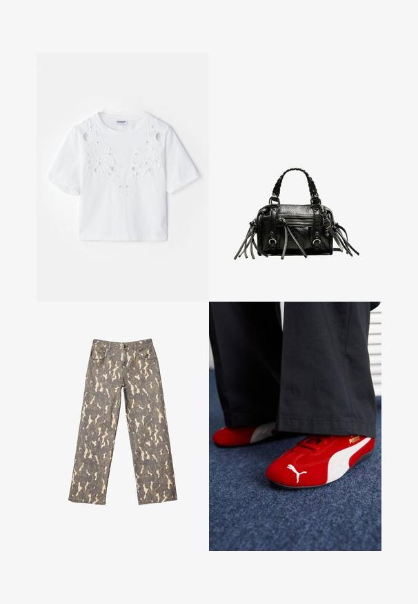 Witte T-shirt met korte mouwen, voorzien van een geborduurd bloemenontwerp met uitsnijdingen aan de voorkant. Gemaakt van zachte stof, met een ronde halslijn.; Wijdvallende jeans met een grijs, beige en bruin camouflagepatroon, voorzakken, riemlussen en knoopsluiting.; Rode suède sneakers met witte accenten, met een textuurmateriaal, ronde neus en een gouden logo aan de zijkant, gedragen met zwarte broek.; Zwarte leren handtas met gevlochten handvatten, textuur op het oppervlak, ritsvak aan de voorkant en decoratieve franjes. Compacte en gestructureerde vorm.