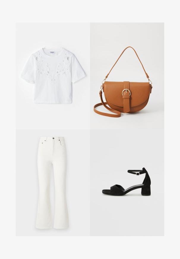 Weißes T-Shirt mit kurzen Ärmeln, das ein gesticktes Blumenmuster mit Aussparungen auf der Vorderseite zeigt. Hergestellt aus weichem Stoff, runder Ausschnitt.; Weiße ausgestellte Jeans aus Denim. Hoch tailliertes Design mit vorderen Taschen und Knopfverschluss. Glatte Textur und minimale Nähdetails.; Schwarze Wildleder-Espadrilles mit einem dünnen Knöchelriemen, offener Zehenpartie und moderatem Blockabsatz. Glatte Textur und minimale Akzente.; Braune Leder-Crossbody-Tasche mit geschwungener Form, goldfarbenen Beschlägen und einer Schnallenakzentuierung. Verfügt über einen abnehmbaren Schultergurt.