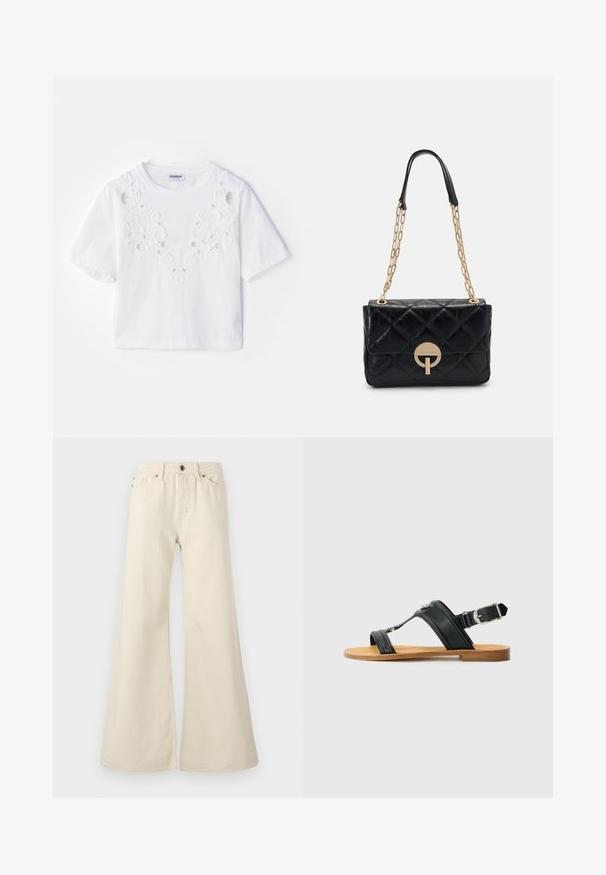 Valge lühikeste varrukatega T-särk, millel on tikandiga lillekujundus ja lõikega detailid ees. Valmistatud pehmest kangast, ümar kaelus.; Heledad beežid flared teksad, mis on valmistatud puuvillast. Omavad kõrget vööd, viit taskut ja nööbi kinnitust kontrastse õmbluse detailidega.; Mustad mustad nahast sandaal reguleeritava pandlaga, lame pruuni tallaga, ja kaks laia rihma, mis ületavad jalga, minimalistik disain.; Mustmust kott mustast quiltnahast, millel on kuldne ahel, ja ringikujuline lukukinnitus. Kompaktne ristkülikukujuline kuju ja sile tekstuur.