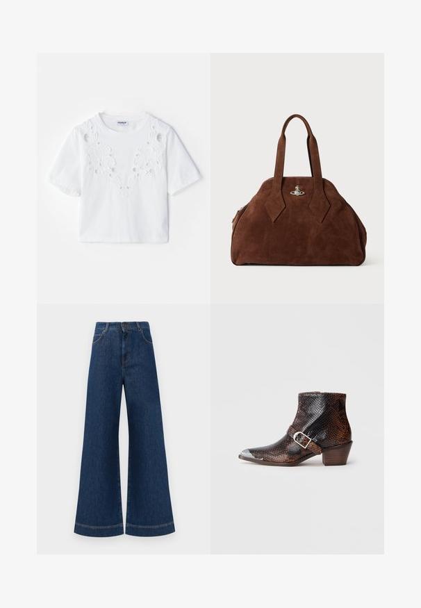 Weißes T-Shirt mit kurzen Ärmeln, das ein gesticktes Blumenmuster mit Aussparungen auf der Vorderseite zeigt. Hergestellt aus weichem Stoff, runder Ausschnitt.; Weite blaue Jeans aus Denim mit hoher Taille, ausgestattet mit einem Knopfverschluss, Gürtelschlaufen und dezenten Stichdetails an den Taschen und Säumen.; Schwarz-braune Schlangenleder-Print Knöchelstiefel mit silberner Zehenspitze, Schnallenakzent und niedrigem Holzabsatz. Glatte Textur, enganliegendes Design.; Braune Wildleder-Handtasche mit strukturiertem Design, abgerundeter Form und länglichen, diamantförmigen Griffen. Mit einem silbernen Metallverschluss ausgestattet.