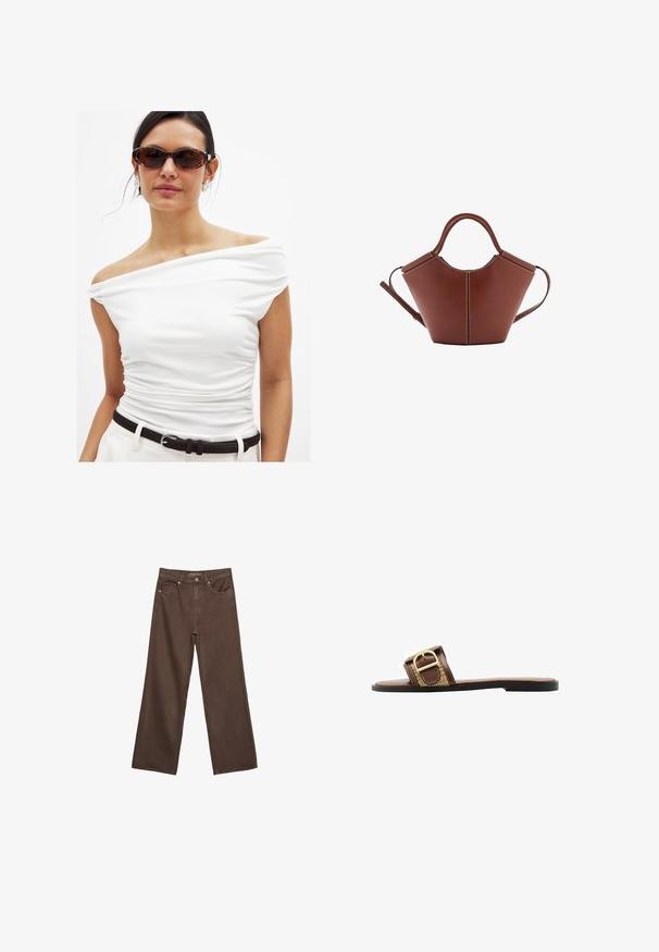 Biała bluzka na ramiączkach z marszczeniami, w zestawie z czarnym paskiem. Modelka nosi brązowe okulary przeciwsłoneczne i srebrne kolczyki. Gładka tekstura.; Szerokie brązowe dżinsy wykonane z denimu, z wysokim stanem, przednimi kieszeniami i klasycznym zapięciem na guzik. Gładka faktura z subtelnym przeszyciem.; Brązowe skórzane klapki z szerokim paskiem ozdobionym złotą klamrą i teksturowanym wzorem, osadzone na płaskiej czarnej podeszwie.; Brązowa skórzana torba o stożkowatym kształcie, mocne uchwyty i kontrastowe białe przeszycia. W zestawie odpinany pasek na ramię, co daje możliwość różnorodnego noszenia.