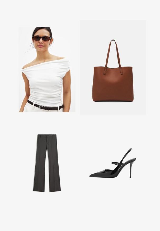 Witte off-shoulder top met geplooide details, gecombineerd met een zwarte riem. Het model draagt bruin-getinte zonnebril en zilveren oorbellen. Glad materiaal.; Grijze flared broeken van een gladde stof, met een platte voorkant, riemlussen en een op maat gemaakt ontwerp met strakke lijnen.; Zwarte gepatenteerde leren slingback hakken met een puntige neus, verstelbare band en stilettohakken. Gladde oppervlakte met een glanzende afwerking.; Bruine leren tote bag met een gladde textuur, een ontwerp met een open bovenkant en twee schouderbanden. Kenmerkt zich door minimale stiksels en geen zichtbare hardware.