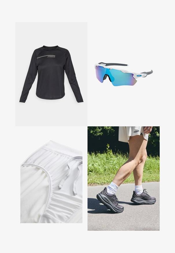 Melna garā piedurkne krekls, izgatavots no gludas auduma, ar apaļu kakla izgriezumu un baltu "HUMMEL" logo priekšpusē ar diagonālu akcenta līniju.; Balti sporta šorti ar teksturētu jostasvietu, salocītu sānu detaļām un izlīdzenu auklu. Mīksts audums ar gludu apdari.; Melni sporta apavi ar teksturētu audumu, bieziem mīkstinātiem zoleim un auklām, pārī ar baltām zeķēm un gaiši bēša apģērbu.; Saulesbrilles ar baltu rāmi, pelēkiem akcentiem un ziliem spoguļobjektīviem. Sportisks dizains, apņemjoša forma un regulējami deguna spilventiņi.