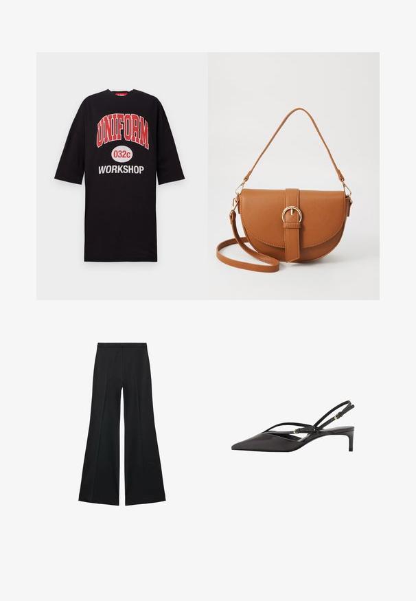 Black oversized t-shirt made of cotton, featuring bold red and white text: "UNIFORM 032c WORKSHOP" on the front. Round neckline, short sleeves.; Black wide-leg pants with a smooth texture, featuring front pleats and a tailored design. The fabric is lightweight and flowy.; Black leather slingback pump with a pointed toe, slender ankle straps, and a low stiletto heel. Smooth texture with minimalistic design.; Brown leather crossbody bag with a curved shape, gold hardware, and a buckle accent. Features a detachable shoulder strap.