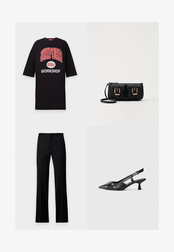 Must musta t-särk, mis on valmistatud puuvillast, esiküljel on julge punane ja valge tekst: "UNIFORM 032c WORKSHOP". Ümar kaelus, lühikesed varrukad.; Mustad sirgedestikuga püksid sileda materjaliga, millel on lame eesmine osa, vöörihmade aasad ning nähtamatud taskud või dekoratiivsed elemendid.; Must must have must toote tõmblukuga, dekoratiivsed rihmad metallist silmadega ja madal blokk-kand. Tekstureeritud pind.; Must küllastamata nahast õlakott, millel on kaks esist nähtavat taskut, kuldsed pandlad, tõmblukuga sulgemine ja peen rihm. Tekstuuriga pind ja kompaktne ristkülikukujuline kuju.