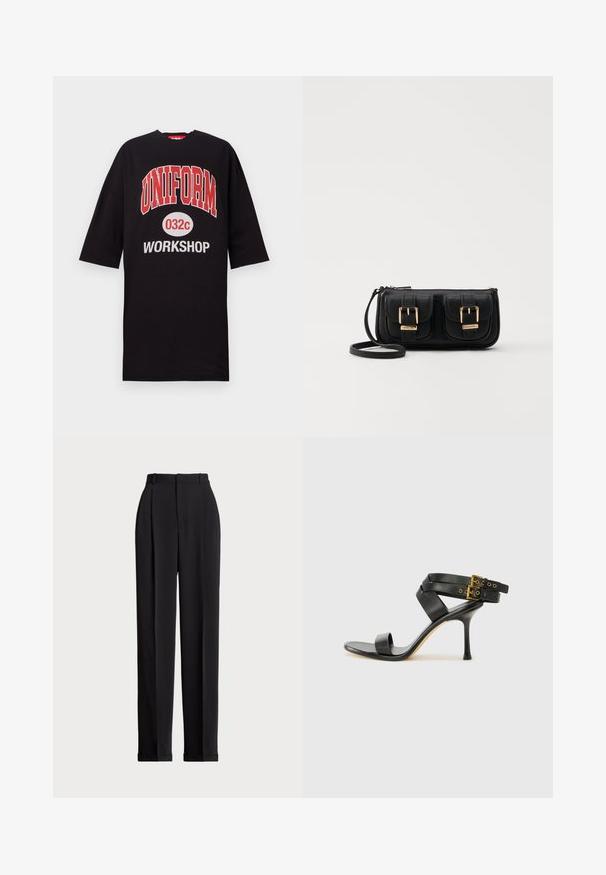 Black oversized t-shirt made of cotton, featuring bold red and white text: "UNIFORM 032c WORKSHOP" on the front. Round neckline, short sleeves.; Black tailored trousers with a high waist, featuring pleats at the front, a straight leg design, and a cuffed hem. Made from smooth fabric.; Black heeled sandal with crossed straps and adjustable buckle. Features a smooth texture and tapered stiletto heel.; Black leather crossbody bag with two front pockets, gold buckles, zipper closure, and a slim strap. Textured surface and compact rectangular shape.
