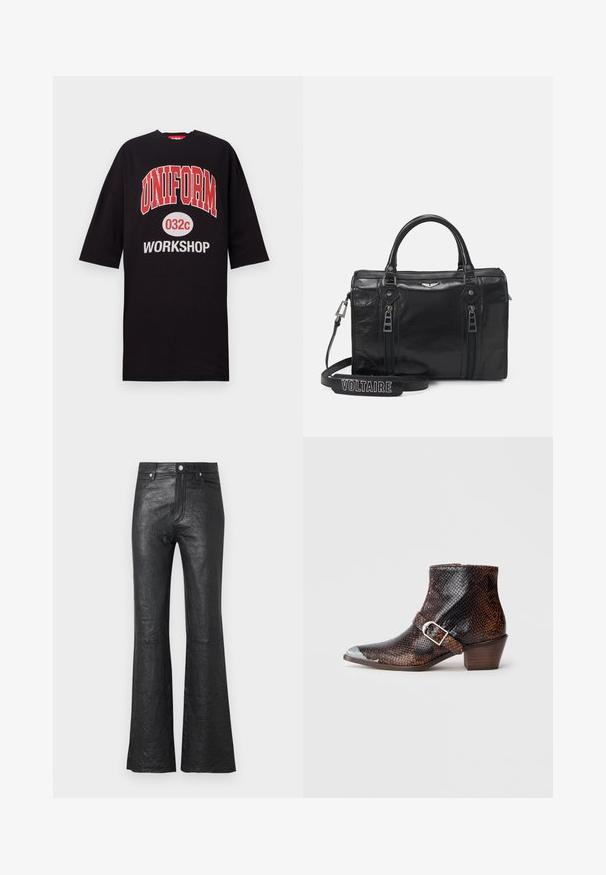 Black oversized t-shirt made of cotton, featuring bold red and white text: "UNIFORM 032c WORKSHOP" on the front. Round neckline, short sleeves.; Black leather flared pants featuring a crinkled texture, high waist, front pockets, and a classic button closure with zip fly.; Black and brown snake-print ankle boots with a silver toe cap, buckle accent, and a low wooden heel. Smooth texture, fitted design.; Black leather handbag with dual zippers, structured design, and top handles. Includes a detachable strap with "VOLTAIRE" text.