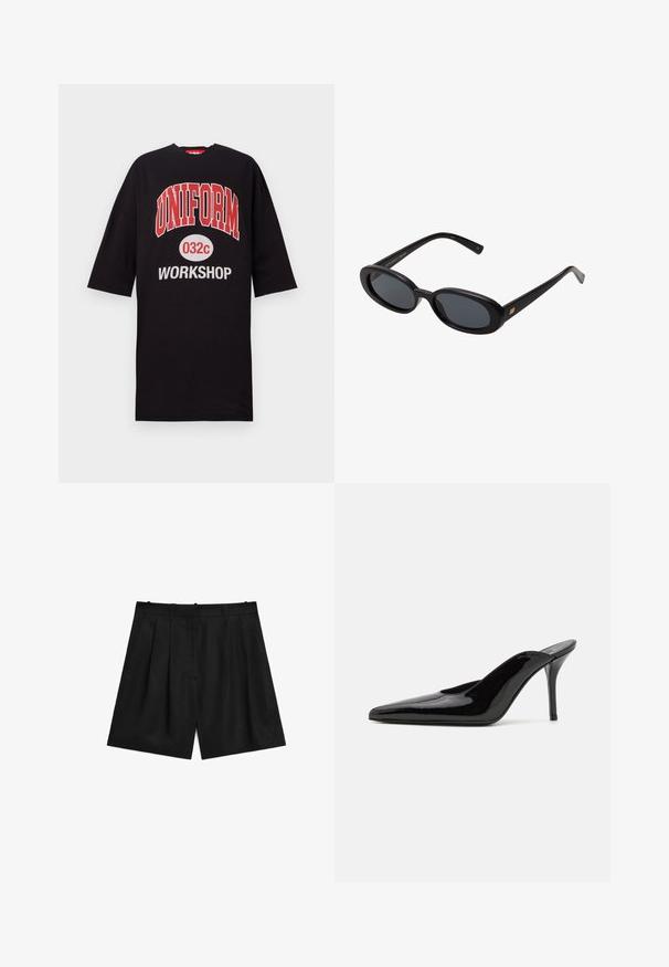 Black oversized t-shirt made of cotton, featuring bold red and white text: "UNIFORM 032c WORKSHOP" on the front. Round neckline, short sleeves.; Black tailored shorts made of a smooth, lightweight fabric. Features pleats, two side pockets, and a clean waistband design.; Black patent leather high-heeled mule with a pointed toe and a sleek silhouette, featuring an open back and a slender stiletto heel.; Black oversized sunglasses with oval lenses, smooth plastic frame, and gold accents on temple. Dark lenses provide sun protection.; Black leather handbag with a curved design, featuring silver studs, a buckle, and two side pockets. Adjustable strap for carrying options.