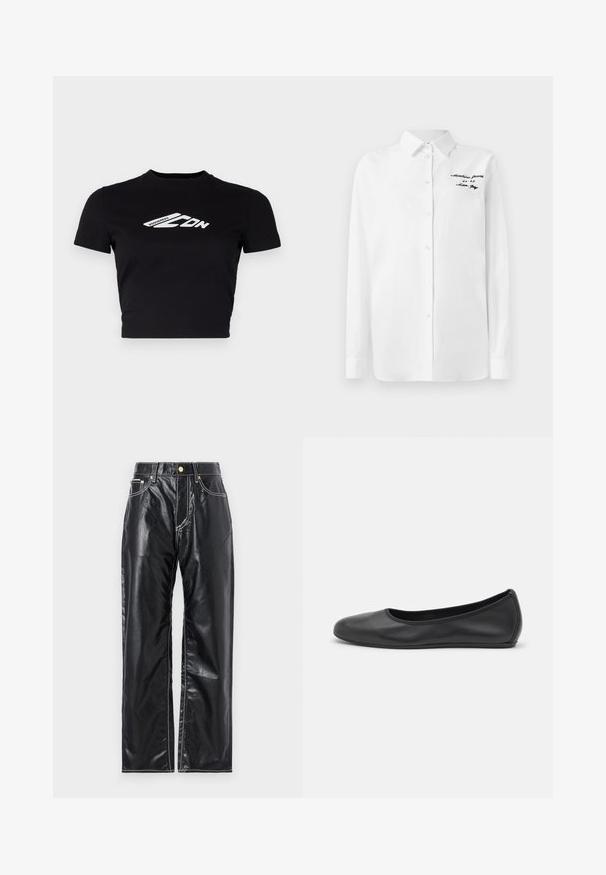 DSQUARED2 ICON MINI TEE - Print T-shirt - black; White long-sleeve button-up shirt with collar and black embroidered text "Moschino Jeans" on the upper left chest.; Black faux leather pants with a wide-leg cut, featuring white stitching, front pockets, and a gold button at the waistband.; Black leather ballet flat with a rounded toe, smooth texture, minimal stitching detail, and a flexible sole design.