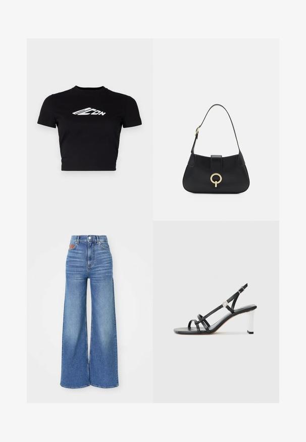 DSQUARED2 ICON MINI TEE - Print T-shirt - black; High-waisted wide-leg jeans in light blue denim with a slight fade, featuring a button closure and leather accent at the back waistband.; Black heeled sandals with multiple narrow straps, a slingback design, and a silver accent on the heel. Smooth upper material and square heel.; Black leather handbag with a curved silhouette, short strap, central gold-tone hardware, and smooth texture. No visible patterns or accents.