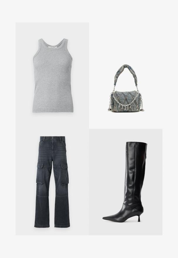 Pilkas raukšlėtas tank top'as su apvaliu iškirpimu ir plačiomis petnešėlėmis. Medžiaga turi švelnų tekstūrą ir prigludusią siluetą.; Tamsiai pilki džinsiniai krovinių kelnės su dviem šoninėmis kišenėmis ir plačiomis kojomis. Siuvinėjimas palei siūles ir kraštus.; Juodai odiniai iki kelių batai su smailiu pirštu ir plonu lenktu kulnu. Lygus paviršius, prigludęs dizainas ir be matomų detalijų ar raštų.; Džinsinis rankinės krepšys su siuvinėta raštu, mėlynos spalvos, trumpa pintinė rankena ir sidabrinė grandinėlė su metaliniais prekės ženklo užrašu.