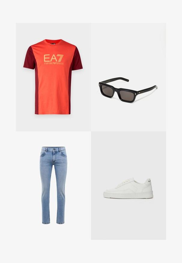 EA7 Emporio Armani Marškinėliai su spaudiniu - syrah; Šviesiai mėlynos džinsinės kelnės su siauromis kojomis, penkiais kišenėmis ir tiesiomis kojomis. Su užtrauktuku ir diržo kilpomis. Švelnus paviršius.; Balti odiniai sportiniai bateliai su lygia apdaila, apvaliu pirštu, plokščiais raišteliais ir tekstūruotu padu. Pasižymi subtiliu logotipu ant kulno.; Juodos stačiakampės akinių nuo saulės su tamsiais objektyvais, storu plastiko rėmu, auksinėmis detalėmis ant šventyklų ir prekės ženklo logotipu išgraviruotu ant šono.