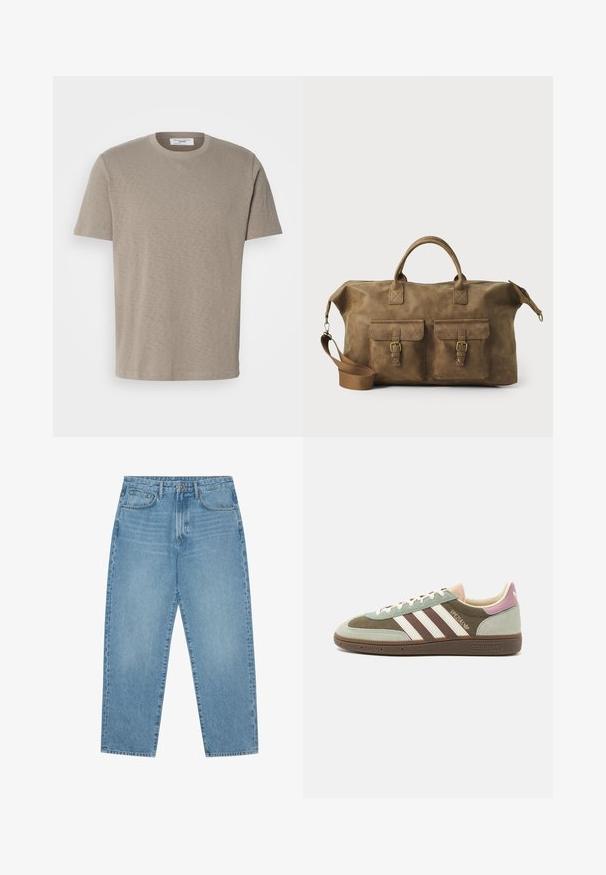 T-shirt de algodão bege com gola redonda, mangas curtas e um logo da marca sutilmente impresso no peito. Textura suave, ajuste casual.; Jeans de ganga de perna larga em azul-claro com cintura alta, apresentando cinco bolsos, passadores para cinto e uma textura suave, ligeiramente desbotada.; Sapatilha em camurça e tecido nas cores verde, castanho e bege com três riscas brancas. Apresenta um detalhe em rosa claro no calcanhar e uma sola texturizada.; Mala de viagem em couro castanho com dois bolsos frontais, alça de ombro ajustável, acessórios dourados e alças superiores robustas. Textura suave.