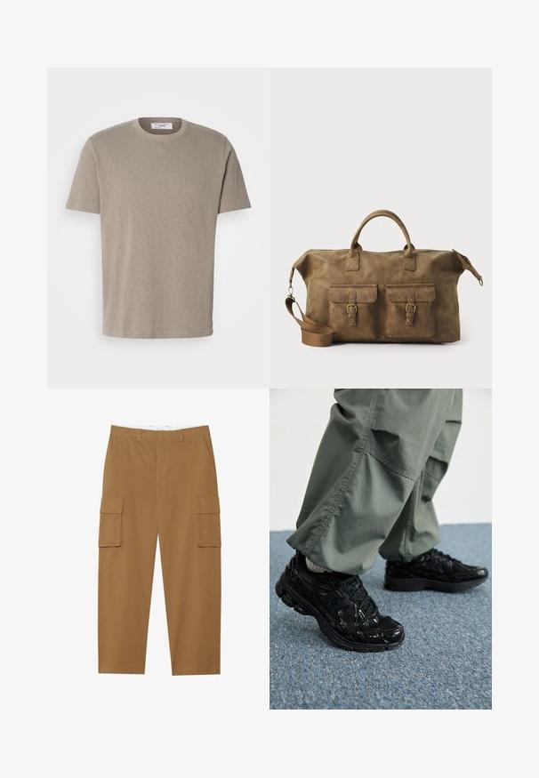 Bēšs kokvilnas T-krekls ar apaļu kaklu, īsām piedurknēm un smalku zīmola logo uz krūtīm. Gluda tekstūra, ikdienišķa piegriezuma.; Ceri brūni cargo bikses ar divām sānu kabatām, plakanu priekšpusi un taisnu kāju griezumu. Izgatavotas no izturīgas auduma ar gludu tekstūru.; Melni sporta apavi ar spīdīgu un sieta tekstūru, ar biezu zoli un auklām, kombinēti ar brīvām olīvzaļām kravas biksēm.; Brūns ādas ceļojumu soma ar diviem priekšējiem kabatām, regulējamu plecu siksnu, zelta detaļām un stingrām augšējām rokturiem. Gluda tekstūra.