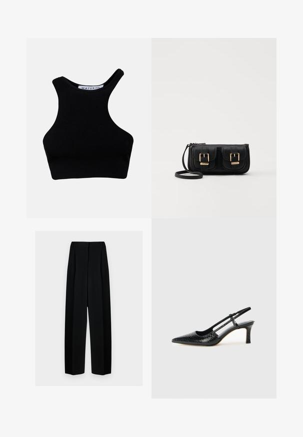 Melnā tvertnes blūze, kas izgatavota no ribota auduma ar augstu apkakli un platu plecu siksnām, ar tīru un minimālistisku dizainu.; Melni plati bikses ar augstu jostasvietu, kas papildinātas ar pudiem un gludu tekstūru. Audums izskatās viegls un eleganti krīt.; Melna patent āda ar slīdošo papēdi un smailo purngalu, ar teksturētu čūsku drukājumu, regulējamu siksniņu un īsu teksturētu blokpapēdi.; Melnas ādas crossbody soma ar divām priekšējām kabatām, zelta sprādzēm, ar rāvējslēdzēju aizdari un šauru siksnu. Strukturēta virsma un kompakta taisnstūra forma.