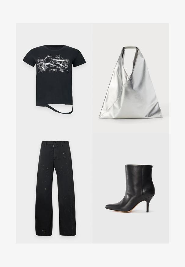 Melna kokvilnas T-kreklu ar īsām piedurknēm, ar baltu grafiku, kurā attēlots skrienošs dzīvnieks un kalendāra detaļas apakšējā priekšpusē.; MM6 Maison Margiela PANTS - Brīva piegriezuma džinsi - black; Melnas ādas potītes zābaki ar norādītu pirkstu, šauru stiletto papēdi un gludu tekstūru. Minimalistiska dizaina, bez redzamām detaļām vai akcentiem.; MM6 Maison Margiela CLASSIC JAPANESE HANDBAG - Rokassoma - silver-coloured