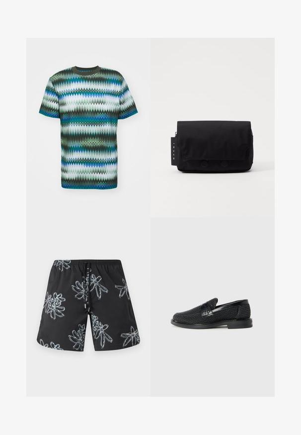 Trumpas rankovėmis marškinėliai su zigzago raštu žalių, mėlynų ir baltų atspalvių, su apvaliu iškirpimu ir minkšta audinio tekstūra.; Juodi maudymosi šortai, kuriuose yra blizgaus šviesiai pilko gėlių rašto. Elastingas liemuo su raišteliu ir logotipo detalė apatinėje dešinėje pusėje.; Juodas pintas slip-on tipo batelis su lygiu odiniu akcentu viršuje, apvalios nosies dizainas ir žemas guminis padas.; Juodas laiškanešys, pagamintas iš tekstūruotos medžiagos. Turi uždaromą skydelį su dviem apvaliais mygtukais, užtraukiamą skyrių ir ženkliuką su prekės ženklu.