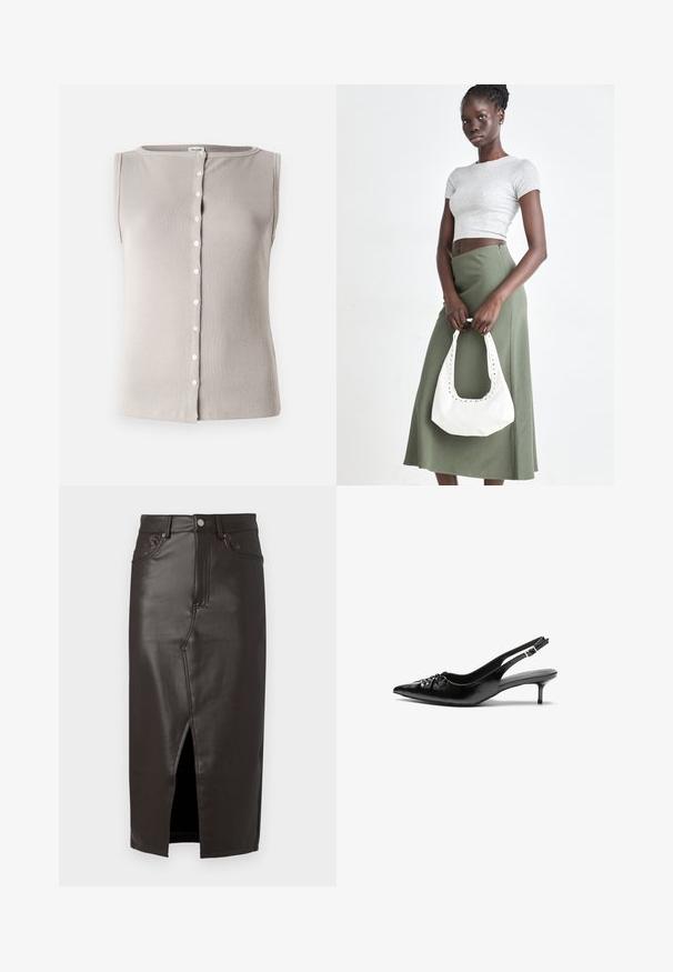 Heled hallipealne särk, mis on valmistatud ribatekstiilist, omades ümmargust ära lõigatud kaelaava ja valgete nupudega esipaneeli.; Pruun nahk midi-seelik, millel on esisilmus, viie-tasku disain ja metallnupu sulgemine. Sile tekstuur ja kohandatud istuvus.; Musthave nahkased kõrged kontsad, millel on terav varvas, väike kitten-kont ja dekoratiivne sõlm ees. Ühtlane sile tekstuur.; Hallid hall pitsakene ja oliiviroheline kõrge vöökohtadega seelik. Mudel hoiab käes valget õlakotit, millel on lõikega detailid. Lihtne disain, vormiline siluett.