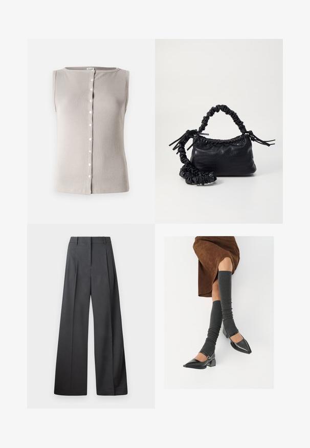 Svetlo siva brezrokavnica iz brušene tkanine, z okroglim izrezom in gumbom spredaj z belimi gumbi.; Široke hlače iz temno sive tkanine, z visokim pasom, enim pregibom ter gladko teksturo z čisto obrobo na robovih.; Črne lakirane čevlje s pointy prsti in blok peto ter z naramnicami za gleženj, ki jih kombiniramo s sivimi rebrastimi nogavicami in rjavim suknjičem iz usnja.; Črna torbica iz umetnega usnja s krokodilovo teksturo, z zvitim vrhom in zmečkano naramico. Zdi se mehka in kompaktna v oblikovanju.