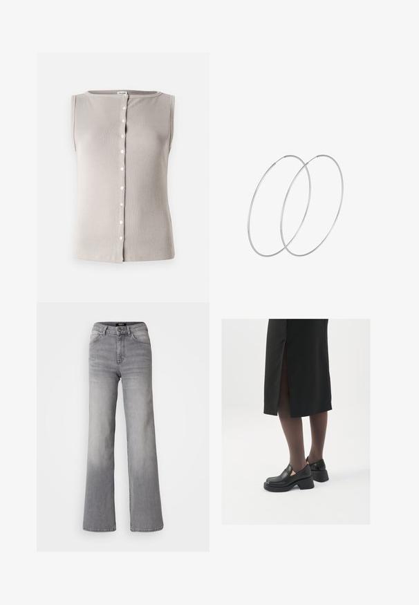 Svetlo sivý bezrukávový top vyrobený z rebrovaného materiálu, s okrúhlym výstrihom a zapínaním na gombíky s bielymi gombíkmi.; Džínsy z šedej denimu s vysokým pásom a rovnými nohavicami, s predným gombíkom a zipsom, prednými a zadnými vreckami, a vybledlým tieňovaním na stehnách a lýtkach.; Čierne kožené topánky s okrúhlou špičkou, silným blokovým opätkom a elastickými bočnými akcentmi, skombinované s tmavými pančuchami a čiernou sukňou so štiepením.; Strieborné kruhové náušnice s minimalistickým dizajnom. Cirkulárny tvar, hladký povrch a tenký profil. Ľahké s lesklým povrchom.