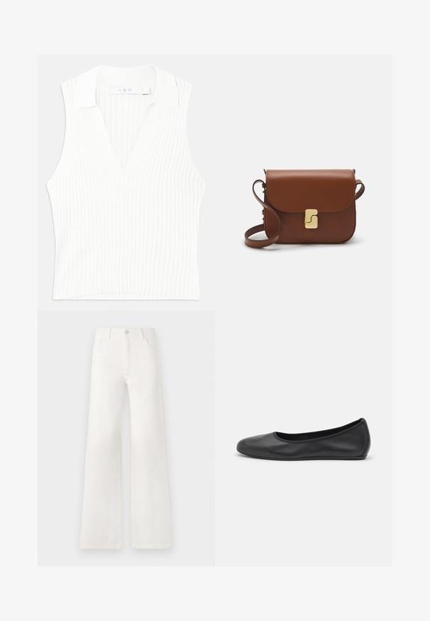 White sleeveless top with a V-neck and ribbed texture, featuring a collar and fitted design. Clean lines with subtle vertical stripes.; White, high-waisted wide-leg jeans made of denim. Features a button closure, two front pockets, and side seams with stitching details.; Black leather ballet flat with a rounded toe, smooth texture, minimal stitching detail, and a flexible sole design.; Brown leather handbag with a flap closure, gold-tone hardware, a shoulder strap, and a smooth texture. Compact rectangular shape.