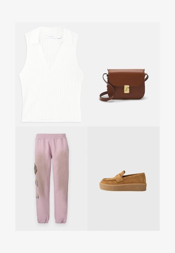 Balts bez piedurknēm tops ar V-veida kakla izgriezumu un ribotu tekstūru, ar apkakli un pieguļošu dizainu. Tīras līnijas ar smalkiem vertikāliem svītrojumiem.; Rozā sporta bikses ar elastīgu jostu, kurām labajā pusē ir dekoratīvi uzliktni dimanta formā un elastīgas apkakles pie potītēm.; Brūni zamšādas loafers ar apaļu purngalu, ar ribotu platformas zoli un dekoratīvu siksnu pāri augšdaļai.; Bordo ādas rokas soma ar atloku, zeltītām detaļām, plecu siksnu un gludu virsmu. Kompakta, taisnstūrveida forma.