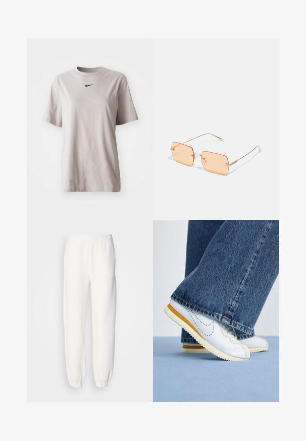 Svetlo siva bombažna majica s krojem okrog vratu in kratkimi rokavi. Ima majhen črn Nike logotip na prsih. Preprost dizajn, enotna barva.; Bele trenerke iz mehke pletene tkanine. Elastičen pas in manšete zagotavljajo sproščen fit. Minimalističen dizajn, brez vidnih vzorcev ali poudarkov.; Bela usnjena športna-obutev z rumenimi detajli, okrogli nos, in teksturiran gumijast podplat, v kombinaciji s temno modrimi razširjenimi jeans hlačami.; Sončna očala z zlatim kovinskim okvirjem in pravokotnimi oranžnimi lečami. Opozarjajoče tanke ročke in subtilni teksturirani dodatki v bližini šark.